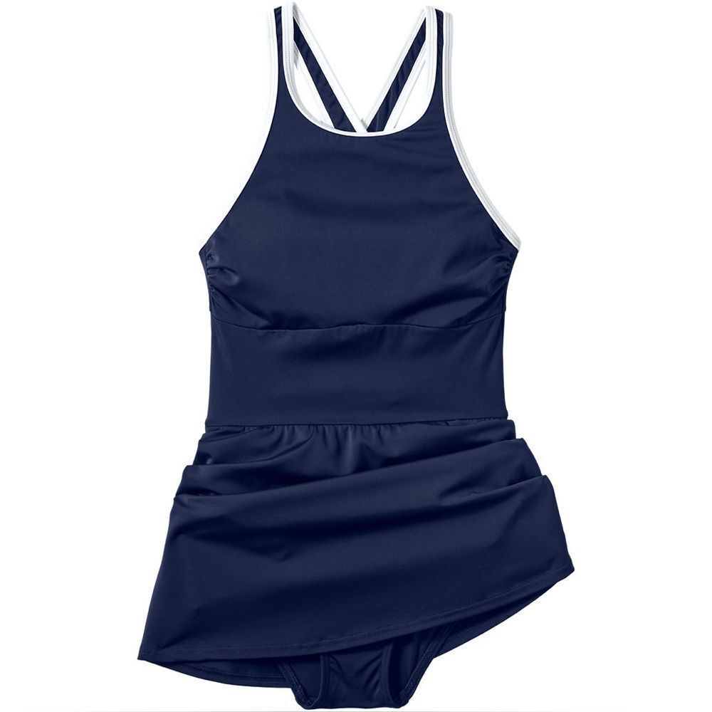 Lands' End Navy Blue One-Piece Swim Dress with White Trim - Picture 5 of 9